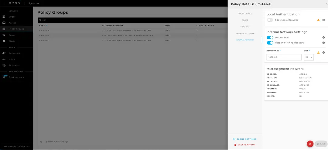 Byos Secure Edge Technology – Policy Groups