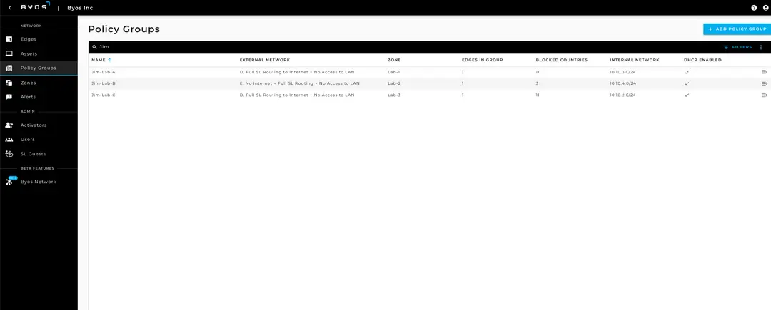 Byos Secure Edge Technology – Policy Groups